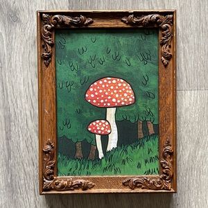 Vintage Wooden Carved Flower Frame  With Mushrooms Art Print
